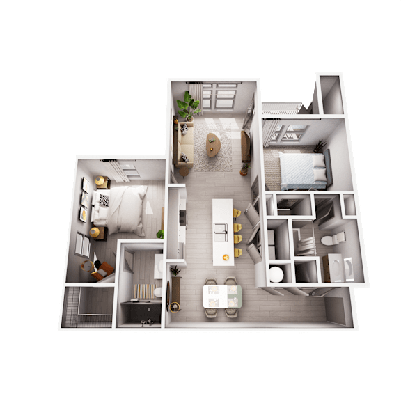 A 3D floor plan of a house showing a kitchen, living room, dining room, and two bedrooms.