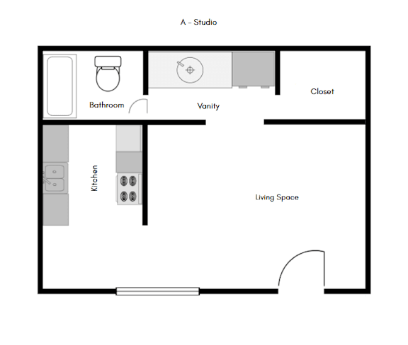 A floor plan of a living space with a bathroom and kitchen.
