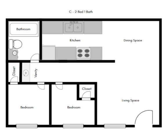 A floor plan of a small apartment with two bedrooms, a living space, a kitchen, a bathroom, a dining space, a closet, and a vanity.