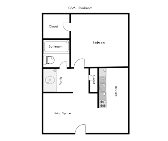 A floor plan of a one bedroom apartment with a living space, kitchen, bathroom, and closet.