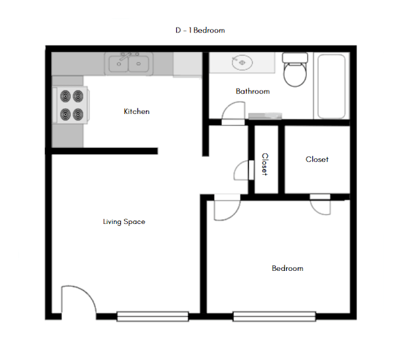 A floor plan of a one bedroom apartment with a kitchen, living space and bathroom.