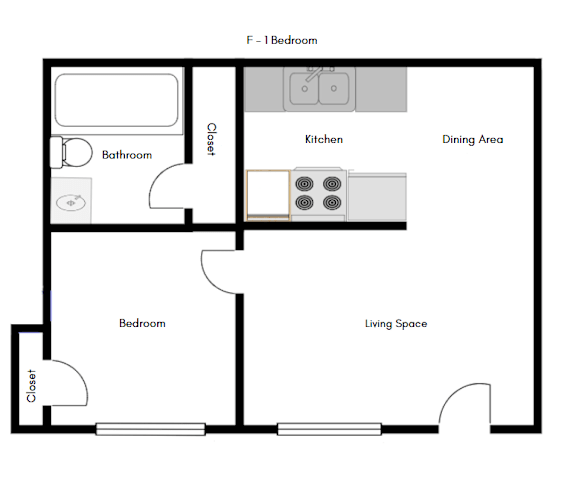 A floor plan of a living space with a bedroom, bathroom, kitchen, and dining area.