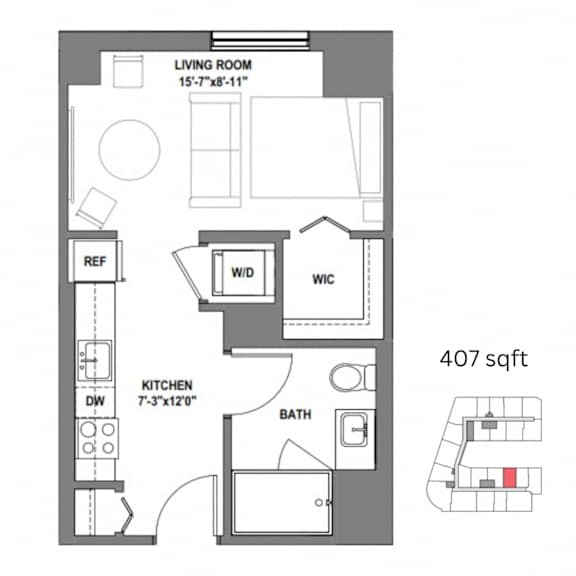 a floor plan of a small apartment with a bedroom and a living room