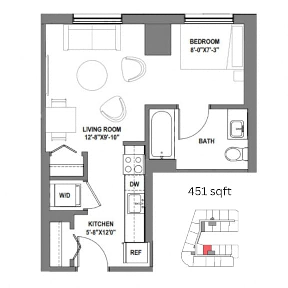 a floor plan of a small house with a bedroom and a living room