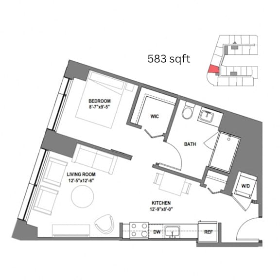 a floor plan of a 555 sq ft apartment