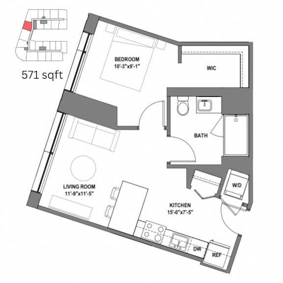 a floor plan of a small apartment with a bedroom and a living room