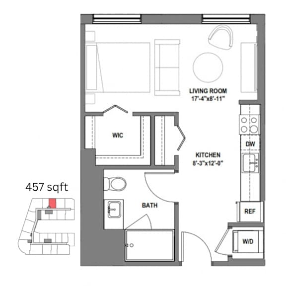a floor plan of a small apartment with a bedroom and a living room