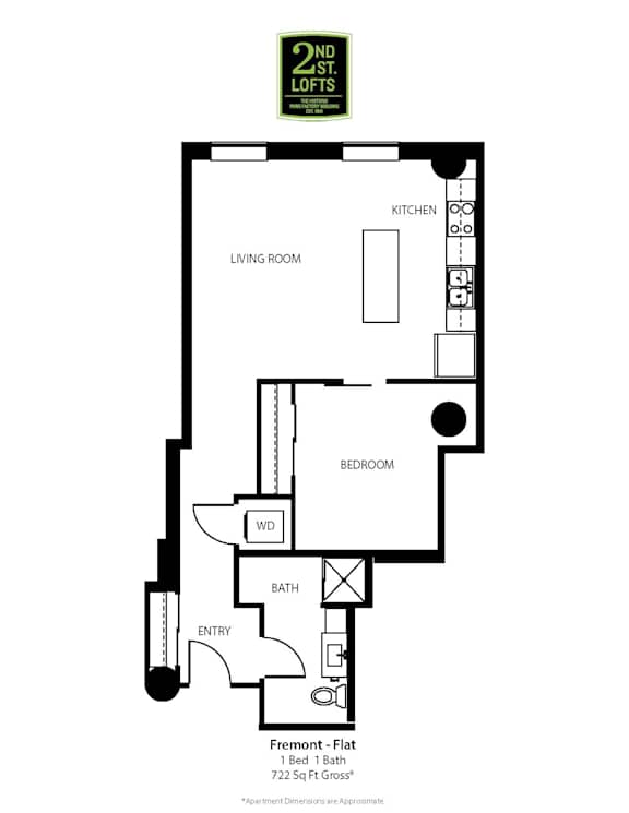 A black and white image of a floor plan for a 1 bedroom, 1 bath apartment.
