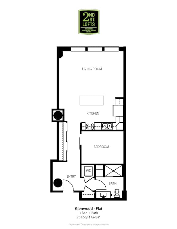 A floor plan of a 2nd floor apartment with a living room, kitchen, bedroom and bathroom.