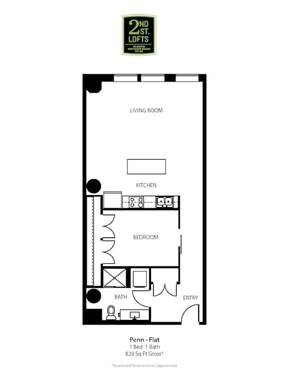A floor plan for a 2nd story loft with a living room, kitchen, bedroom, bathroom and entry.