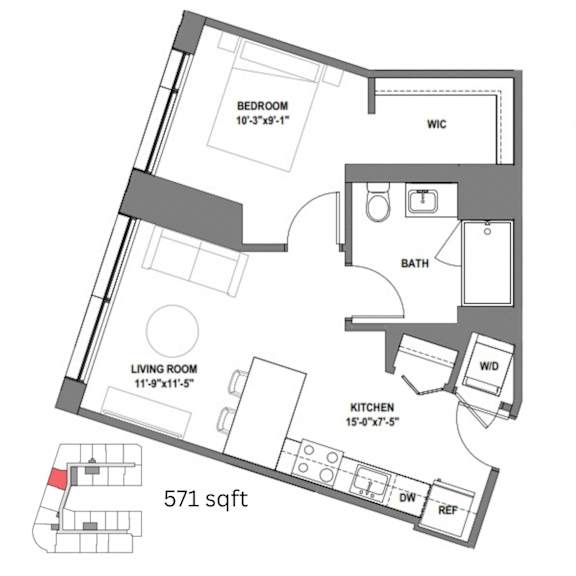 a floor plan for a small apartment with a bedroom and a living room