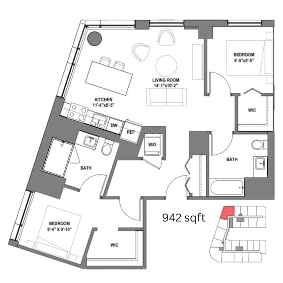 a floor plan of a bedroom apartment with a large floor