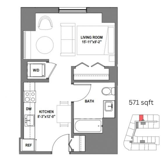 a floor plan of a small apartment with a bedroom and a living room