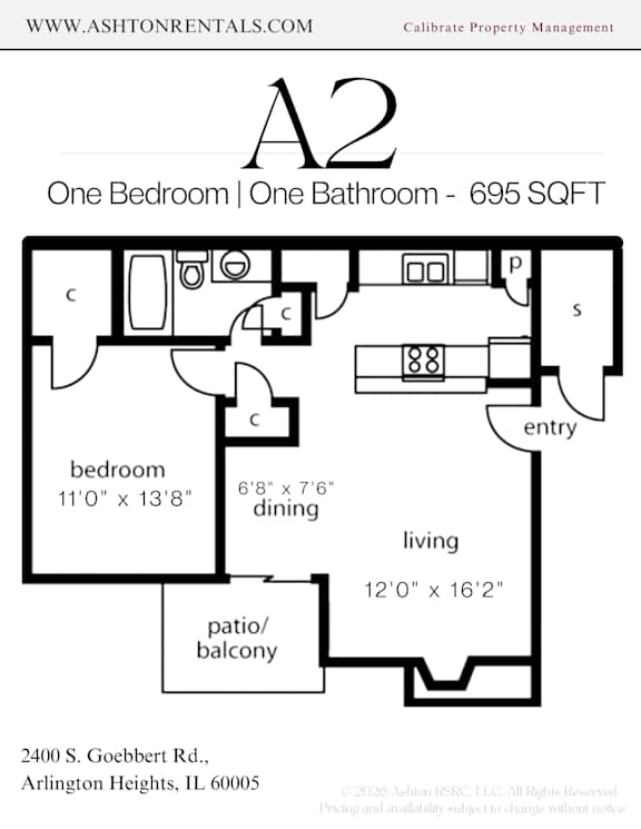 A floor plan for a one bedroom, one bathroom apartment.
