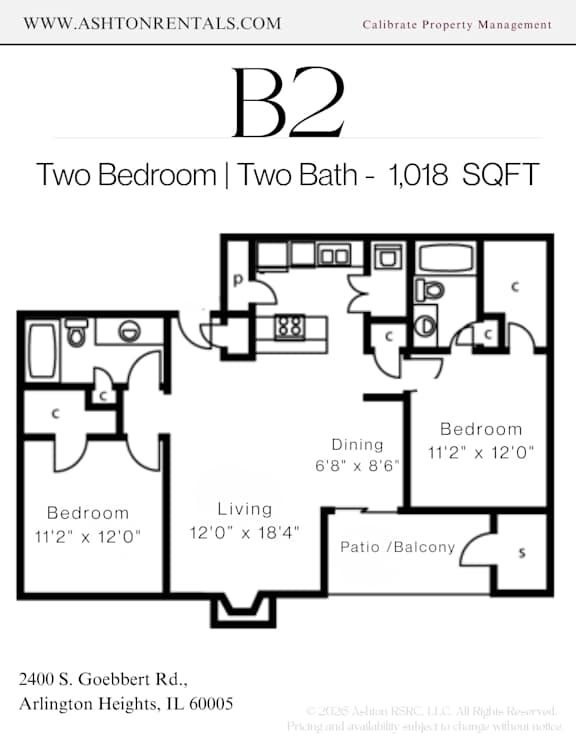 A floor plan for a two bedroom, two bath apartment.