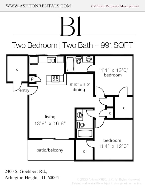 A floor plan for a two bedroom, two bath apartment.
