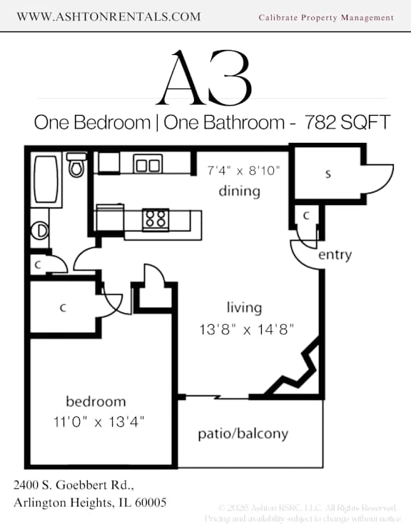 A floor plan for a one bedroom apartment with one bathroom.