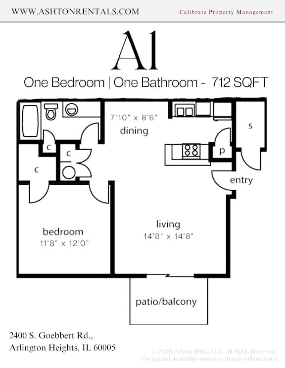 A floor plan for a one bedroom, one bathroom apartment of 712 square feet.