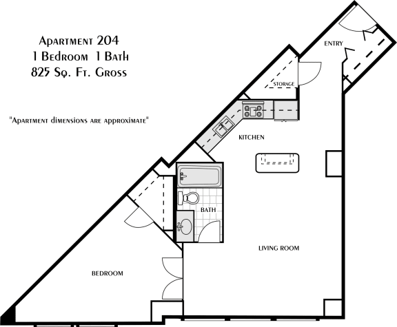 a floor plan of a 1 bedroom floor plan with a peaked roof and a 90
