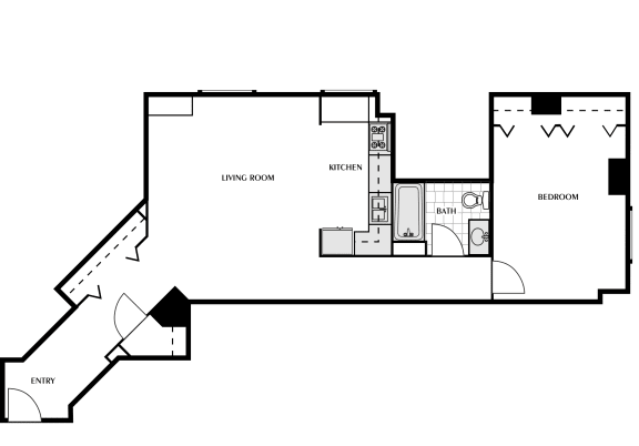 a floor plan of a bedroom floor plan with an open floor plan to the right