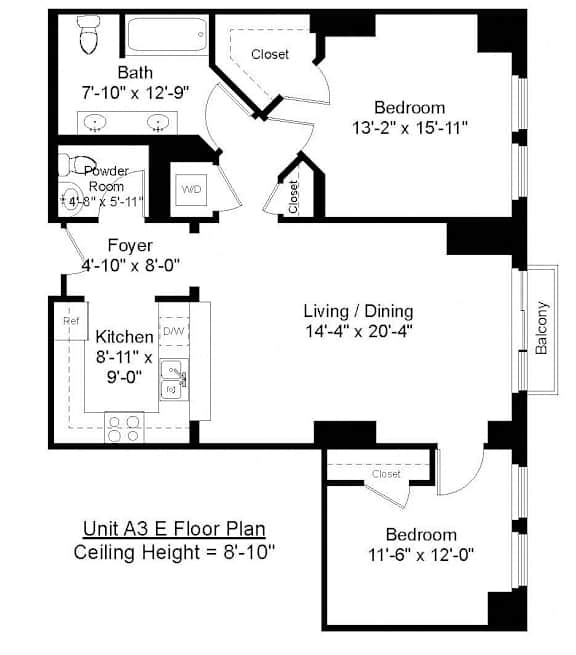 1 Bed 1 Den 1.5 Bath Floor Plan at Residences Providence, Rhode Island