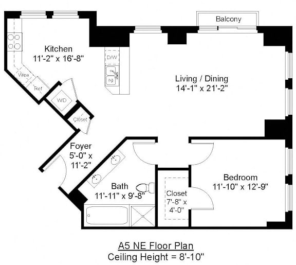 1 Bed 1 Bath Floor Plan at Residences Providence, Providence, RI