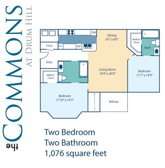 Floor plan view of the 2 bed 1076 sqft apartments at The Commons at Drum Hill in North Chelmsford, MA.