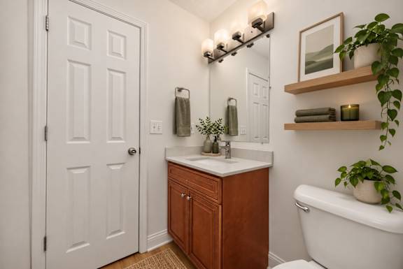 A white door is on the left of a bathroom with a sink and a plant.