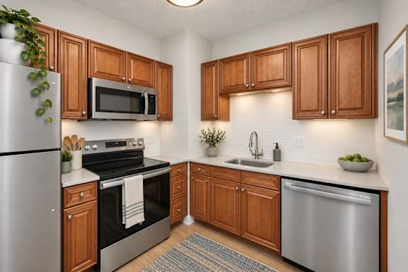 A kitchen with wooden cabinets and stainless steel appliances.
