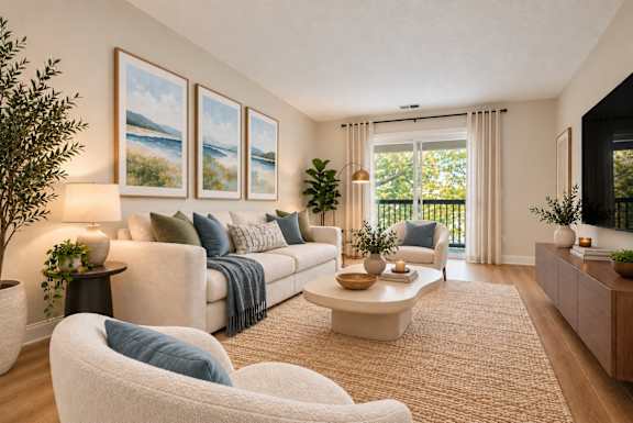 A living room with a white couch, a white chair, a coffee table, and a painting on the wall.