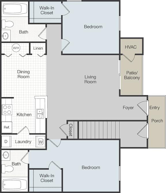 A floor plan of a house with two bedrooms, a living room, a dining room, a kitchen, a laundry room, and a patio/balcony.