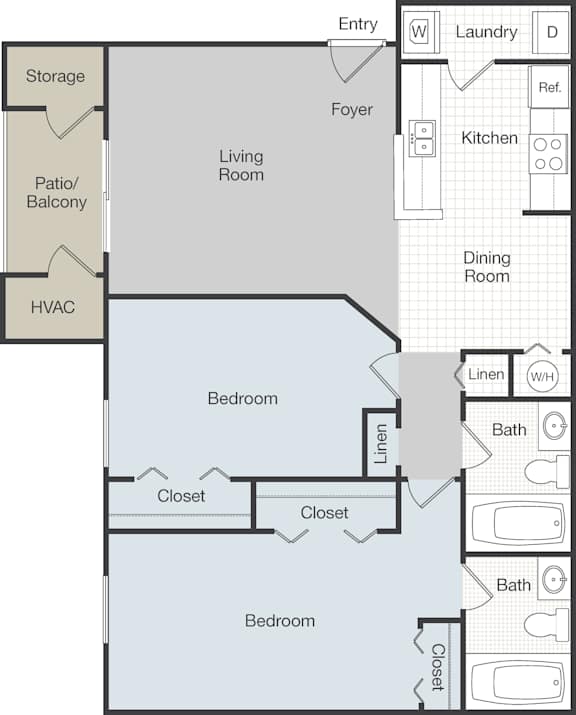 A floor plan of a house with two bedrooms, a living room, a kitchen, a dining room, a laundry room, a patio/balcony, a storage area, and an HVAC unit.