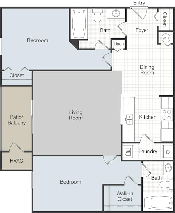 A floor plan of a house with labeled rooms such as Bedroom, Living Room, Kitchen, and Bath.