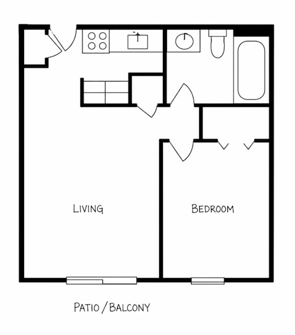 A black and white image of a floor plan for a living room, bedroom, and patio/balcony.