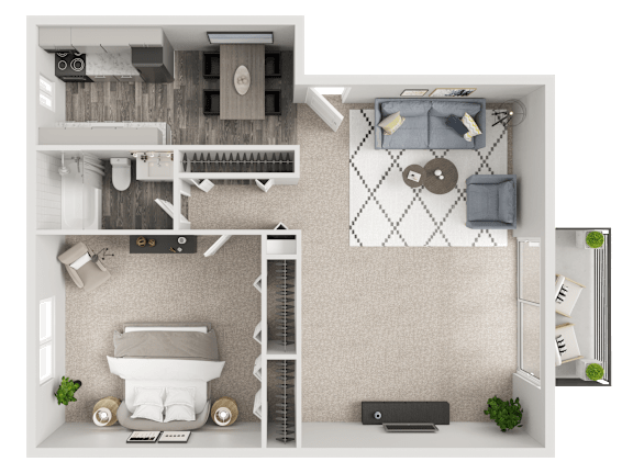 A top-down view of a small apartment layout with a bedroom, living room, and kitchen.