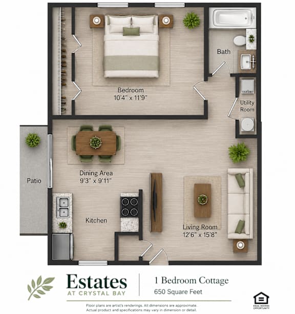 A floor plan of a one bedroom cottage at Crystal Bay showing a bedroom, living room, dining area, kitchen, bath, and patio.