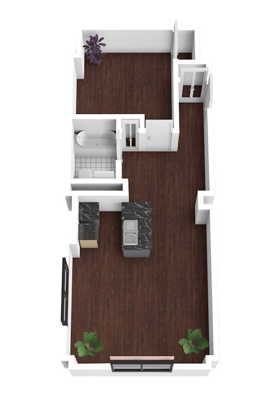 a floor plan of a small apartment with a bedroom and a bathroom