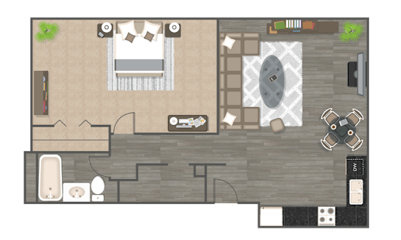A top-down view of a living room with a couch, coffee table, and television.