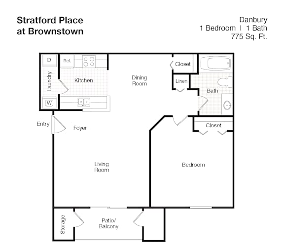 A floor plan of a one bedroom, one bath apartment at Danbury at Stratford Place at Brownstown.