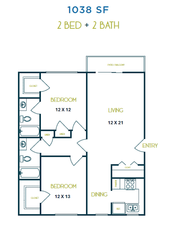 A floor plan of a 1038 square foot apartment with two bedrooms and two bathrooms.