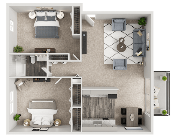 A 3D floor plan of a small apartment with a bedroom, living room, and kitchen.