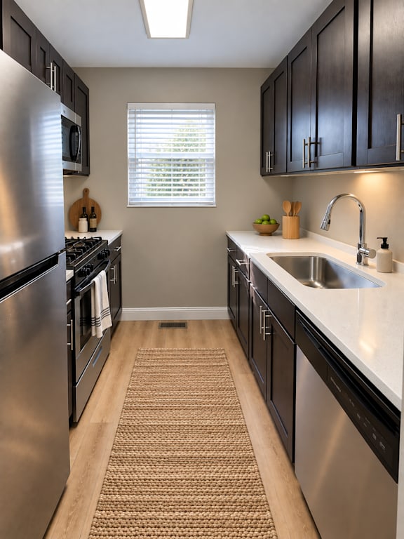 A kitchen with black cabinets and stainless steel appliances.