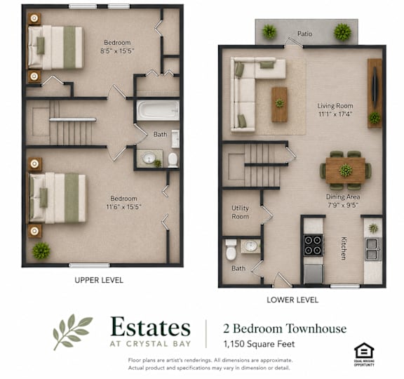 A floor plan for a 2 bedroom townhouse at Estates at Crystal Bay.