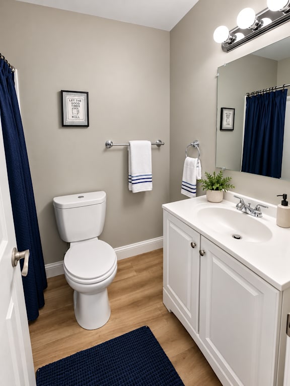 A white toilet sits next to a white sink in a bathroom.