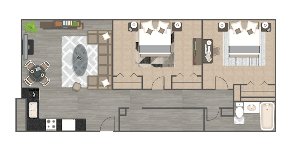 A top-down view of a room with a dining table, two couches, a kitchen area, and a bathroom.
