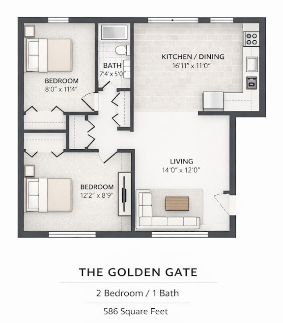 A floor plan of a one bedroom apartment with a bathroom and a living room.