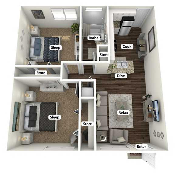 a 3d rendering of a floor plan with a bedroom and a living room