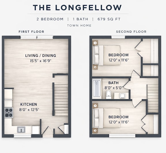 A floor plan of a two bedroom, one bath townhouse.