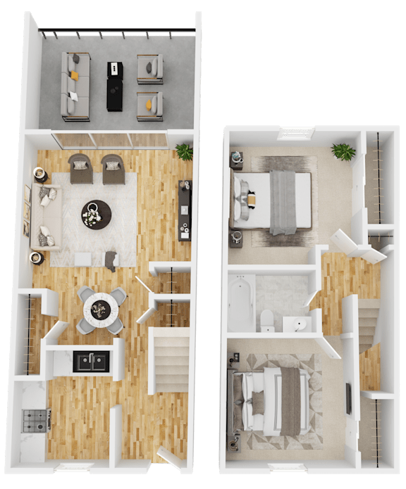 A floor plan of a two-story apartment with a living room, kitchen, and bathroom on the first floor, and a bedroom with a bathroom on the second floor.