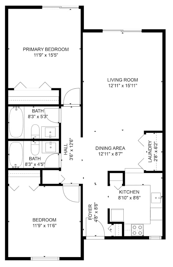 A floor plan of a house with a primary bedroom, living room, dining area, laundry, and kitchen.